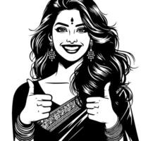 zwart en wit silhouet van een groep van een vrouw Indisch vrouw Holding duimen omhoog in een gewoontjes kleding sari vector