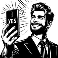 zwart en wit silhouet van een Indisch vent met een smartphone en duimen omhoog vector