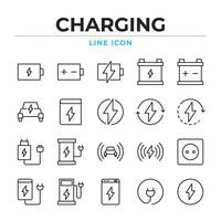 opladen icoon set. met oplader, powerbank, accu, elektrisch auto en opladen station pictogrammen. illustratie. vector