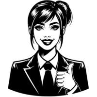 zwart en wit silhouet van een vrouw bedrijf vrouw manager Holding duimen omhoog in een bedrijf kleding vector