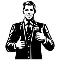zwart en wit silhouet van een winkel manager Holding duimen omhoog en glimlachen gezicht vector