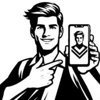 zwart en wit silhouet van een Indisch vent met een smartphone en duimen omhoog vector