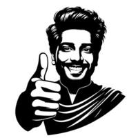 zwart en wit silhouet van een Indisch vent in een positief gelukkig houding en Holding duimen omhoog vector