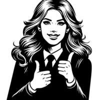 zwart en wit silhouet van een vrouw bedrijf vrouw manager Holding duimen omhoog in een bedrijf kleding vector