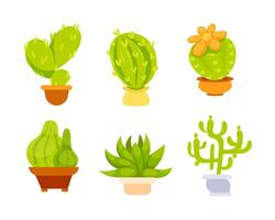 een reeks van afbeeldingen van cactussen in potten in een schattig tekenfilm vlak stijl. vector