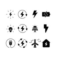 energie icoon set. gemakkelijk solide stijl. elektrisch, stroom, opslaan, zonne- paneel, accu, licht, aanval, wind turbine, groen energie concept. zwart silhouet, glyph symbool. geïsoleerd. vector