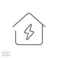 huis elektrificatie icoon. gemakkelijk schets stijl. huis met bliksem bout, elektrisch, bouw, licht, gebouw, energie concept. dun lijn symbool. geïsoleerd. bewerkbare hartinfarct. vector