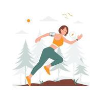 jong fit vrouw rennen energiek buiten natuur, beeltenis beweging en een gezond levensstijl geschiktheid liefhebber concept illustratie vector