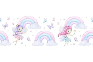 schattig weinig feeën, regenboog, vlinders, wolken en sterren. waterverf naadloos grens voor kinderen goederen, kleren, ansichtkaarten, baby douche en kinderkamer, kleding stof vector