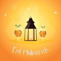 eid mubarak viering poster ontwerp met moskee illustratie, halve maan maan en lichten effect Aan donker taling en wit achtergrond. vector
