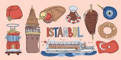 kleurrijk illustratie van Istanbul oriëntatiepunten en cultureel pictogrammen, met voedsel, architectuur, en symbolen. vector