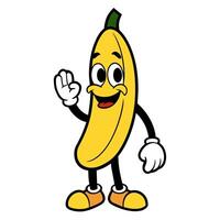 banaan karakter golvend retro tekenfilm hand. wijnoogst illustratie. nostalgie voor de jaren 70, 80s vector