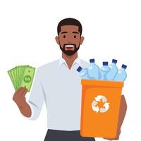 Mens Holding recycling vuilnis kan en Holding geld. vector