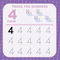 traceren aantal werkblad. aan het leren over nummer, traceren praktijk voor kinderen vector