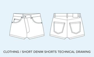 denim shorts met zakken, technisch tekening, kleding blauwdruk voor mode ontwerpers vector