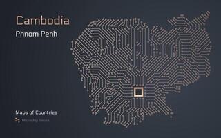 Cambodja kaart met een hoofdstad van phnom penh getoond in een microchip patroon met verwerker. e-overheid. wereld landen kaarten. microchip serie vector