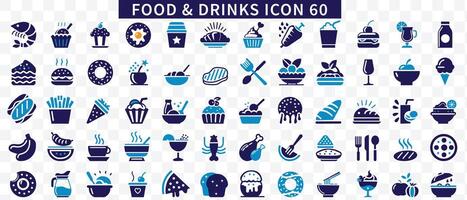 voedsel en drankjes pictogrammen set. restaurant, maaltijd, vlees, groenten, vis, borden, fruit, melk, pizza pictogrammen en meer tekens. vector