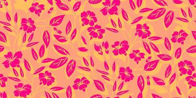 zomer duidelijk naadloos patroon met wild silhouetten bloemen stengels. hand- tekening. kleurrijk het drukken met takken abstract roze bloemen, knoppen, bladeren Aan een oranje perzik achtergrond. natuur ornament vector