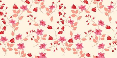 elegant voorzichtig retro naadloos patroon met takken klein bloemen bellen, klein bladeren. hand- getrokken. artistiek, abstract wild bloemen stengels met elkaar verweven in een licht patroon. sjabloon voor ontwerpen vector