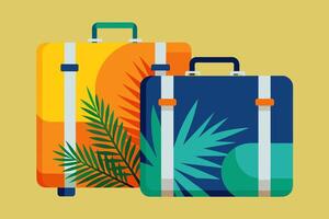 geïsoleerd koffers met tropisch palm bladeren. reizen bagage klaar voor vakantie. concept van vakantie, reizen versnelling, tropisch bestemming, reis. grafisch illustratie. afdrukken, textiel, ontwerp element vector