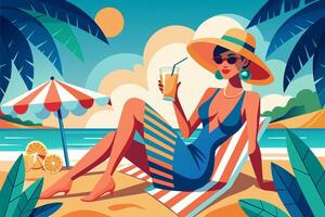 vrouw genieten van tropisch drinken Aan zonnig strand. jong dame met verfrissend cocktail. concept van zomer vrije tijd, strand ontspanning, vakantie gevoel. grafisch illustratie. afdrukken, ontwerp vector