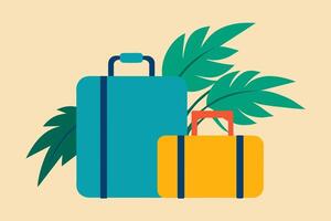 geïsoleerd koffers met tropisch palm bladeren. reizen bagage klaar voor vakantie. concept van vakantie, reizen versnelling, tropisch bestemming, reis. grafisch illustratie. afdrukken, textiel, ontwerp element vector