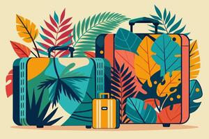 geïsoleerd koffers met tropisch palm bladeren. reizen bagage klaar voor vakantie. concept van vakantie, reizen versnelling, tropisch bestemming, reis. grafisch illustratie. afdrukken, textiel, ontwerp element vector