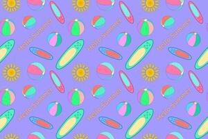 zon, strand ballen en surfplanken Aan Purper achtergrond. de opschrift Hallo zomer. zomer. naadloos kleurrijk patroon. vector