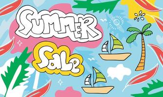 zomer verkoop sjabloon voor spandoek met doodle stijl. een abstracte zomer met palmbladeren en doodle-element. promobadge voor uw seizoensontwerpen. vector