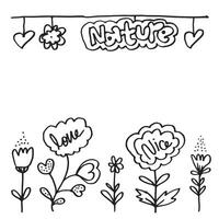 zwart hand- getrokken bloem kader grens met chrysant, klokjesbloemen, hibiscus bloem, takken, planten. decoratiefbloemig ontwerp elementen met natuur, liefde, mooi hoor tekst. vector