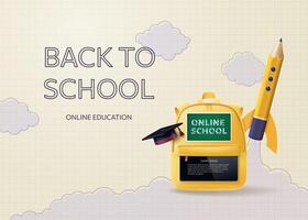 terug naar school- poster, online school- spandoek. een geel rugzak met school- benodigdheden, een raket en een academicus Aan een achtergrond van geruit papier vector