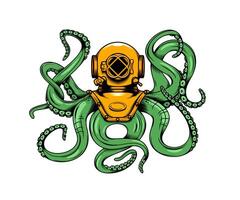 Octopus met tentakels en duiker aqualong helm vector