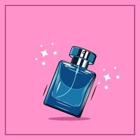 luxe cartoonist blauw parfum fles met pet voor de helft gevulde vloeistof glas fles illustratie vector