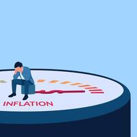 Mens zittend helaas Aan een inflatie meter, een metafoor voor inflatie. gemakkelijk vlak conceptuele illustratie. vector
