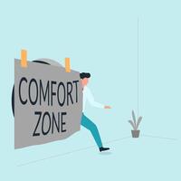 Mens krijgen uit van veilig met comfort zone spandoek. metafoor van ontsnappen van comfort zone. vector