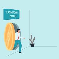 Mens krijgen uit van veilig met goud munt Aan de deur. metafoor van ontsnappen van comfort zone. vector