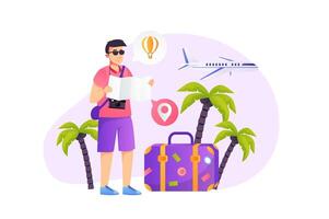 reizen vakantie concept in vlak stijl met mensen tafereel. gelukkig Mens vliegend naar exotisch toevlucht met bagage, Holding kaart en planning vermaak en recreatie. illustratie voor web ontwerp vector