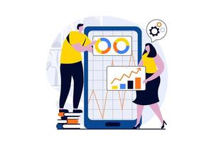 gegevens analyse concept met mensen tafereel in vlak tekenfilm ontwerp. vrouw en Mens werken met statistieken en grafieken en bedrijf accounting gebruik makend van mobiel app. illustratie zichtbaar verhaal voor web vector