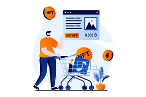 nft token concept met mensen tafereel in vlak tekenfilm ontwerp. Mens koopt schilderijen, muziek- en andere digitaal werken van kunst Aan platform met cryptogeld betaling. illustratie zichtbaar verhaal voor web vector