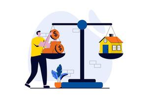 echt landgoed concept met mensen tafereel in vlak tekenfilm ontwerp. Mens bespaart geld naar kopen privaat huis, investeert in echt landgoed of beslist naar Actie naar appartement. illustratie zichtbaar verhaal voor web vector