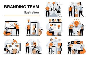 branding team concept met mensen scènes reeks in vlak ontwerp. Dames en mannen lancering bedrijf merk, creëren logo en identiteit, bedrijf persoonlijkheid. illustratie zichtbaar verhalen verzameling voor web vector