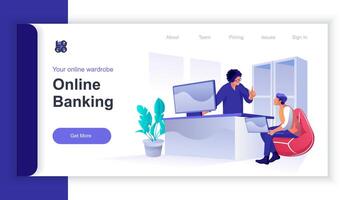 online bank concept 3d isometrische web banier met mensen tafereel. vrouw adviseren cliënt maken financieel transacties en online betalingen. illustratie voor landen bladzijde en web sjabloon ontwerp vector