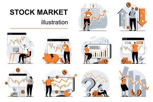 voorraad markt concept met mensen scènes reeks in vlak ontwerp. Dames en mannen kopen en verkopen aandelen van bedrijven, investeren geld, toenemen of verliezen inkomen. illustratie zichtbaar verhalen verzameling voor web vector