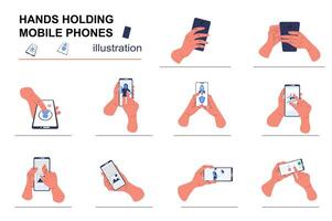 handen Holding mobiel telefoons concept met mensen tafereel set. menselijk handen gebruik smartphones, Klik Aan scherm, maken telefoontje of foto, tikken, scrollen en bladeren. illustratie in vlak ontwerp voor web vector