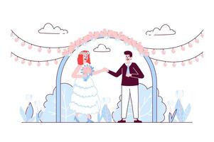 bruiloft ceremonie concept in vlak lijn ontwerp. gelukkig bruid en bruidegom staan onder bruiloft boog van bloemen. paar in liefde krijgen getrouwd evenement. illustratie met schets mensen tafereel voor web vector