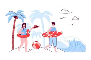 zomertijd concept in vlak lijn ontwerp. vrouw zwemmen en zonnen Aan zee strand. Mens is surfing Aan oceaan kust. paar Gaan Aan vakantie reizen. illustratie met schets mensen tafereel voor web vector