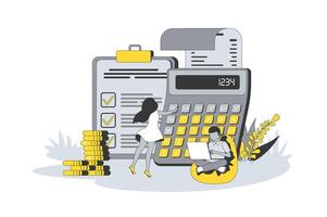 accounting en financieel analyse concept in vlak lijn ontwerp. mensen berekenen gegevens, analyseren persoonlijk of bedrijf begroting en beheren geld evenwicht. illustratie met schets tafereel voor web vector