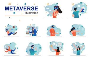 metaverse concept met mensen scènes reeks in vlak ontwerp. mannen en Dames in vr koptelefoon gebruik makend van cyberspace voor werk, spelen spel, studie en wetenschap. illustratie zichtbaar verhalen verzameling voor web vector