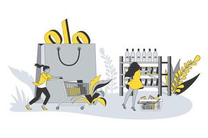 kleinhandel concept in vlak lijn ontwerp. mensen kopen voedsel in supermarkt. Dames met mand of trolley Kiezen goederen Aan schappen en kopen Bij korting prijzen. illustratie met schets tafereel voor web vector