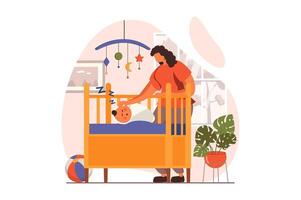 pasgeboren kind in jong familie web concept in vlak ontwerp. gelukkig moeder staat door wieg met slapen baby. moeder duurt zorg van klein kind. moederschap, jeugd. illustratie met mensen tafereel vector